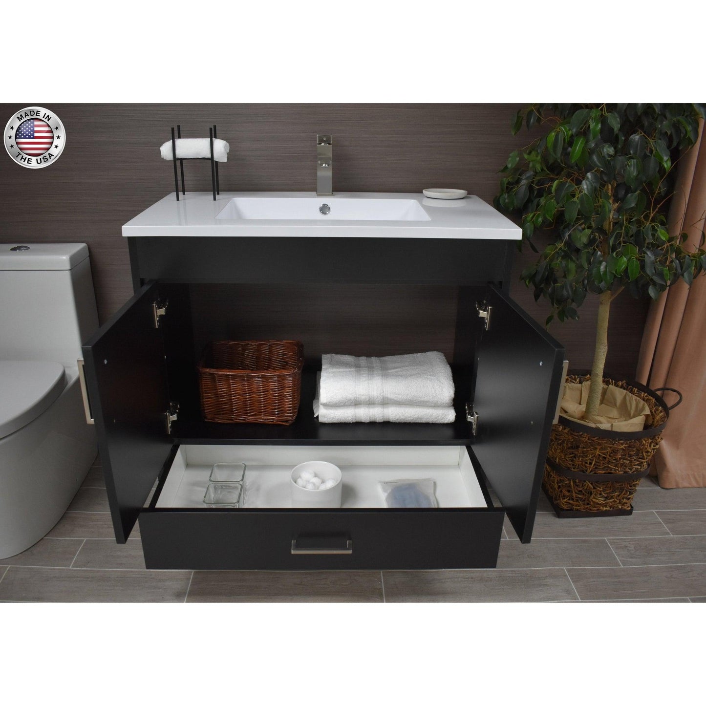 Volpa USA Rio 36" Black Freestanding Modern Bathroom Vanity With Integrated Acrylic Top and Brushed Nickel Handles