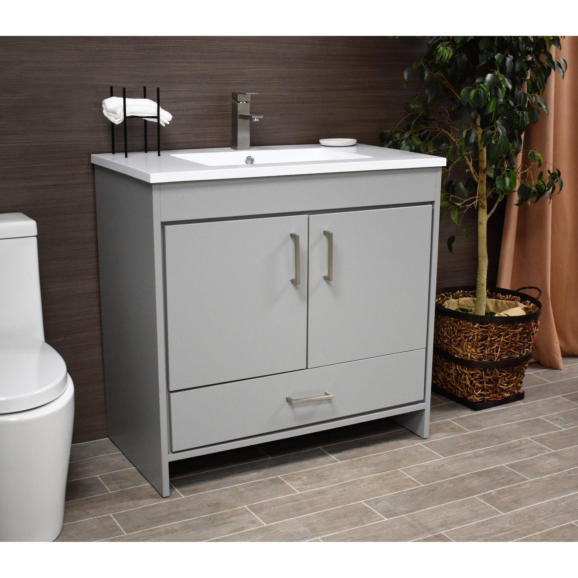 Volpa USA Rio 36" Gray Freestanding Modern Bathroom Vanity With Integrated Acrylic Top and Brushed Nickel Handles