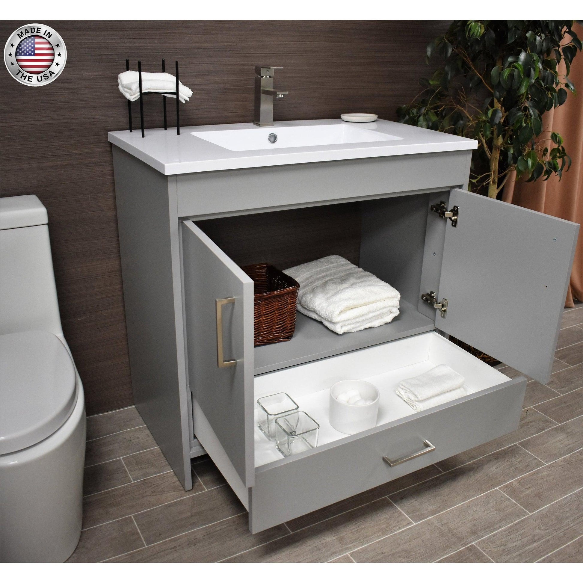 Volpa USA Rio 36" Gray Freestanding Modern Bathroom Vanity With Integrated Acrylic Top and Brushed Nickel Handles