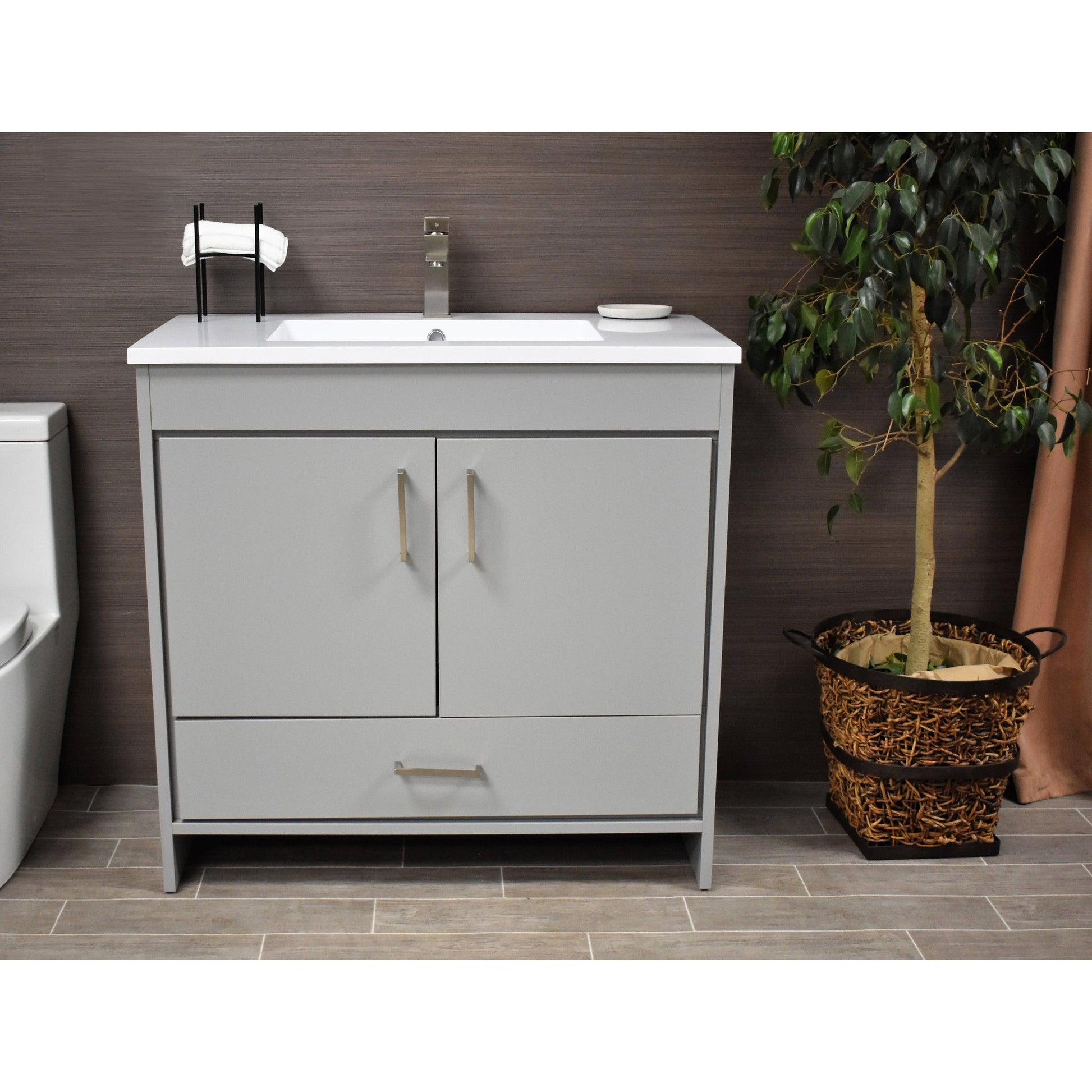 Volpa USA Rio 36" Gray Freestanding Modern Bathroom Vanity With Integrated Acrylic Top and Brushed Nickel Handles