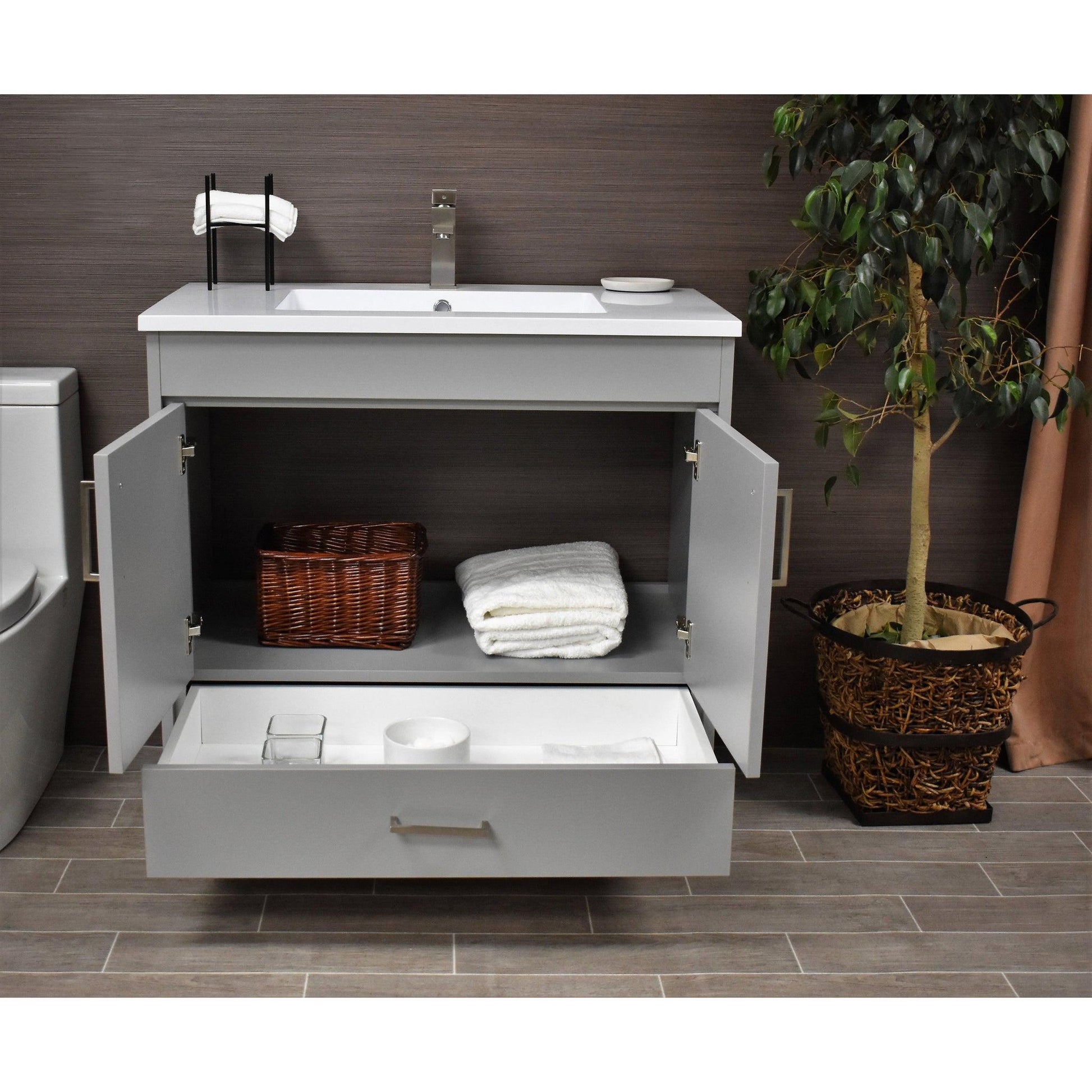 Volpa USA Rio 36" Gray Freestanding Modern Bathroom Vanity With Integrated Acrylic Top and Brushed Nickel Handles