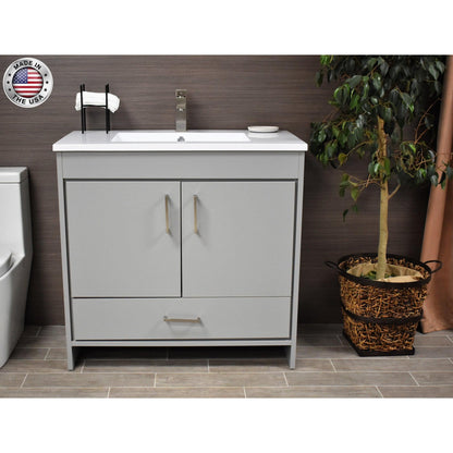 Volpa USA Rio 36" Gray Freestanding Modern Bathroom Vanity With Integrated Acrylic Top and Brushed Nickel Handles