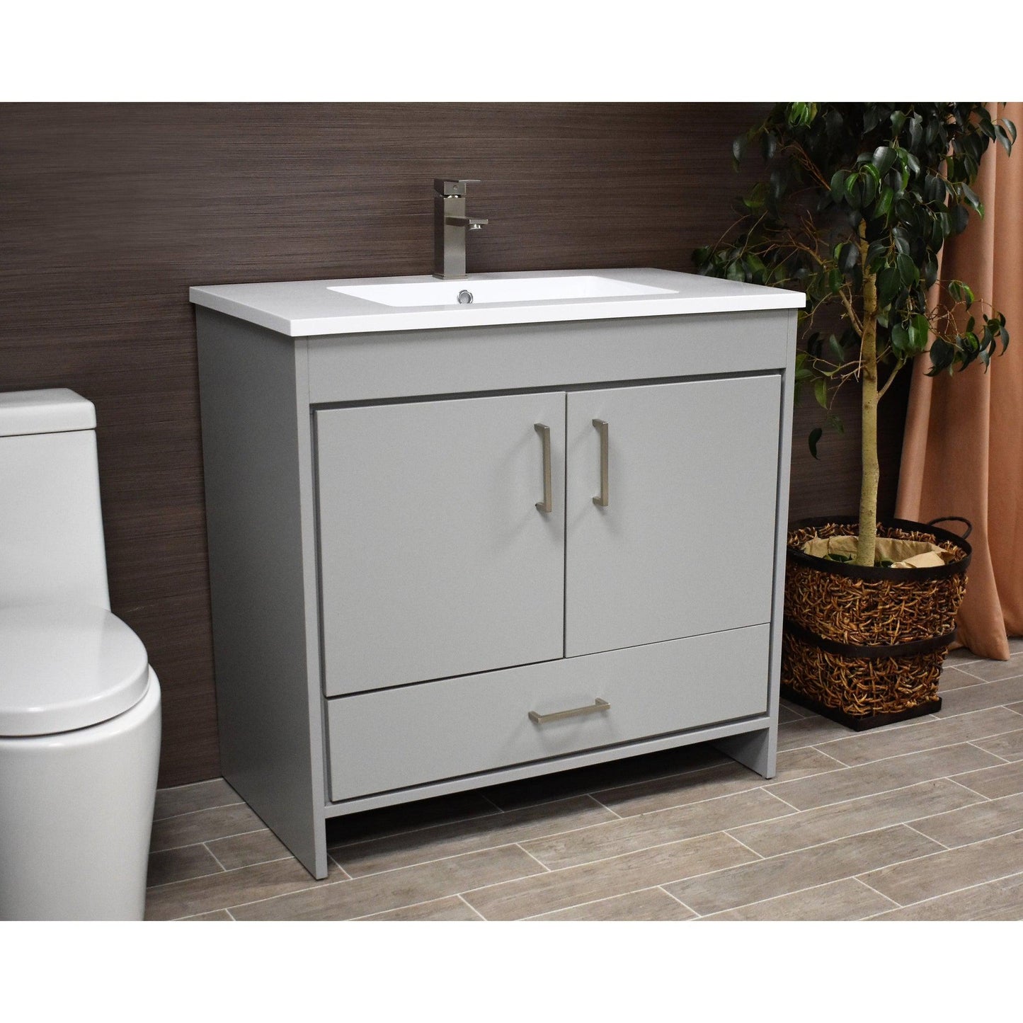 Volpa USA Rio 36" Gray Freestanding Modern Bathroom Vanity With Integrated Acrylic Top and Brushed Nickel Handles