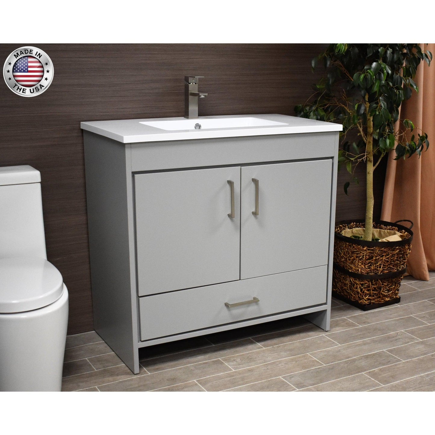 Volpa USA Rio 36" Gray Freestanding Modern Bathroom Vanity With Integrated Acrylic Top and Brushed Nickel Handles