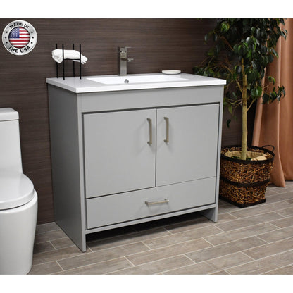 Volpa USA Rio 36" Gray Freestanding Modern Bathroom Vanity With Integrated Acrylic Top and Brushed Nickel Handles