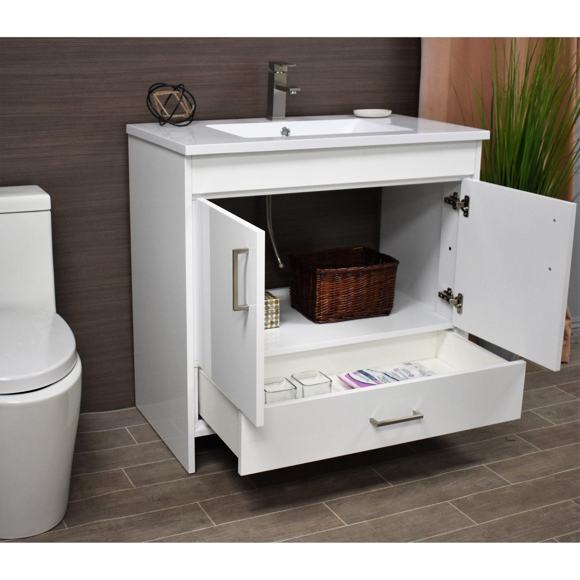 Volpa USA Rio 36" White Freestanding Modern Bathroom Vanity With Integrated Acrylic Top and Brushed Nickel Handles