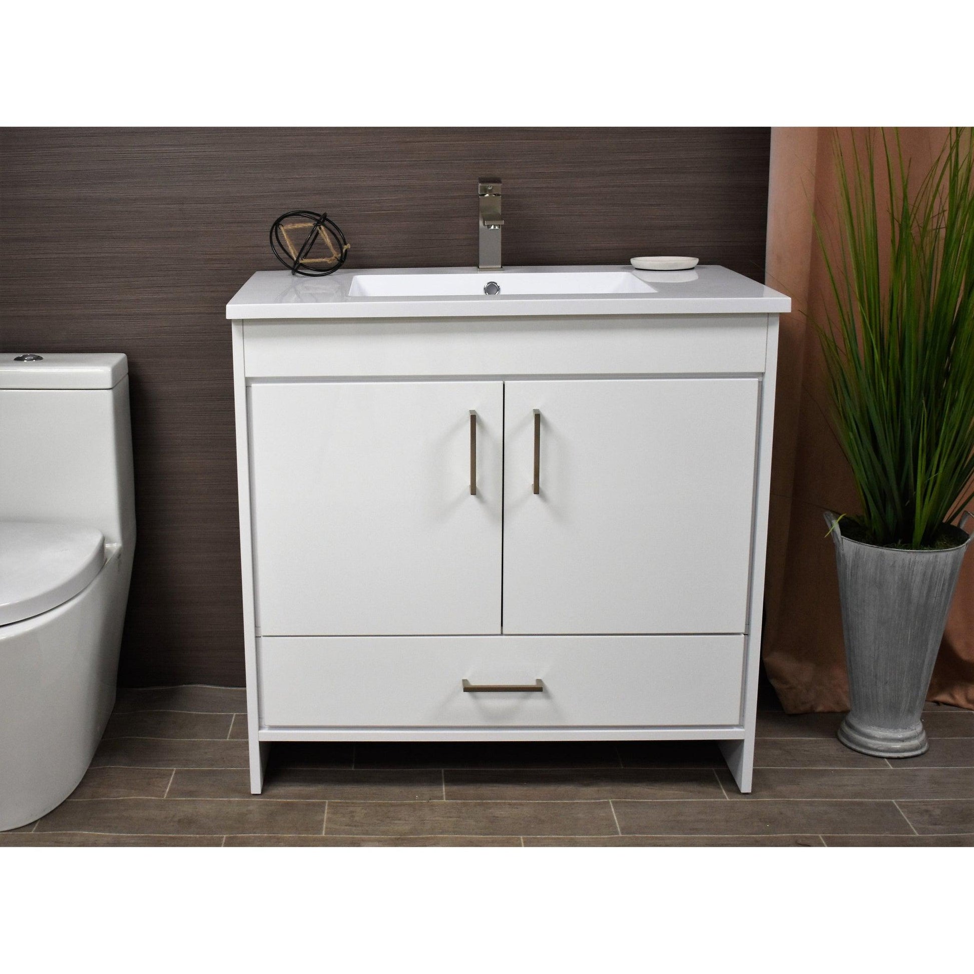 Volpa USA Rio 36" White Freestanding Modern Bathroom Vanity With Integrated Acrylic Top and Brushed Nickel Handles
