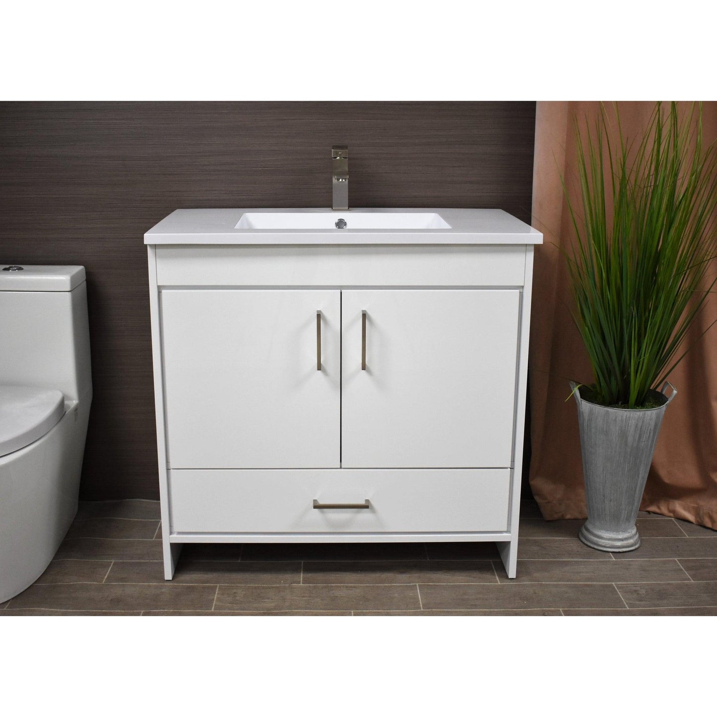 Volpa USA Rio 36" White Freestanding Modern Bathroom Vanity With Integrated Acrylic Top and Brushed Nickel Handles