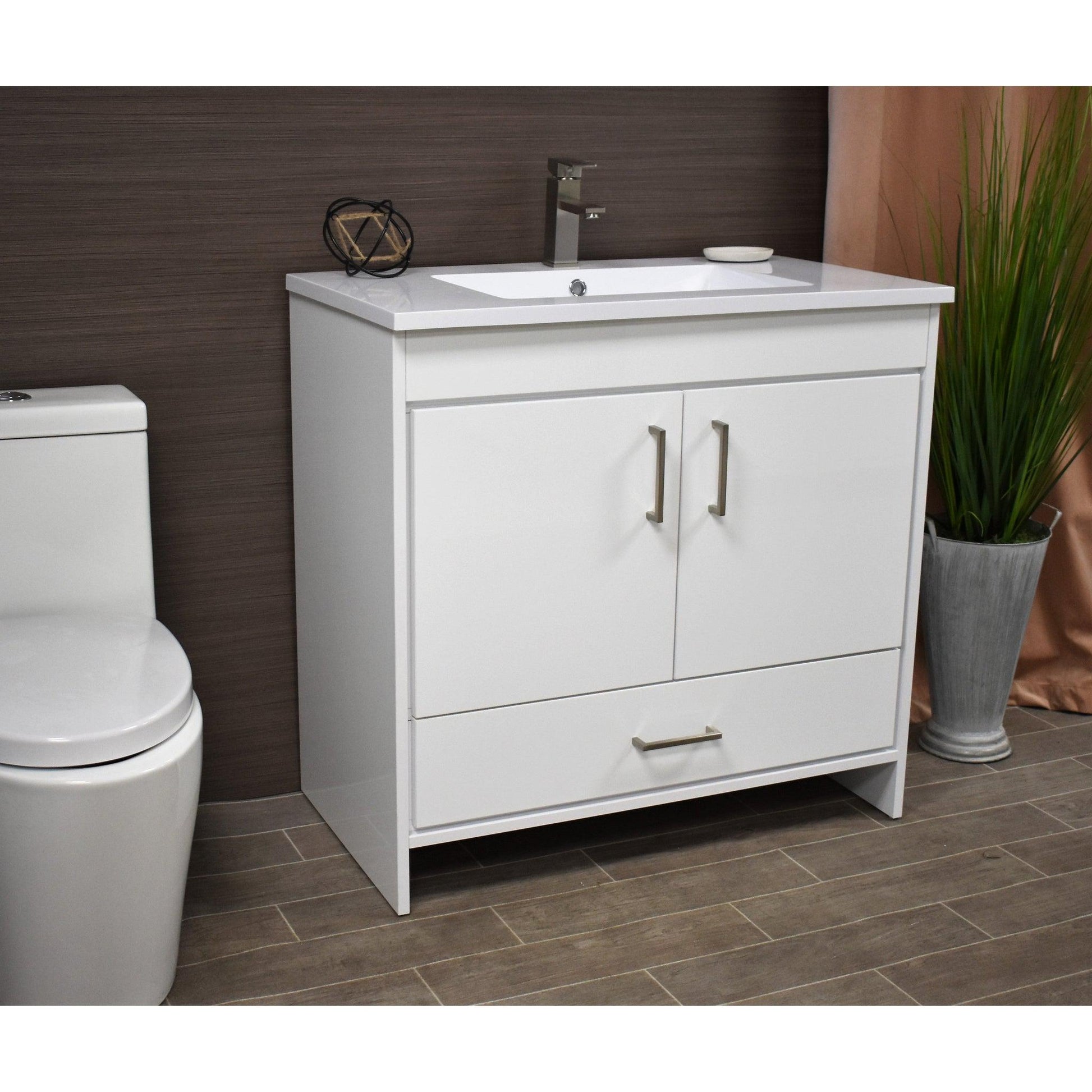 Volpa USA Rio 36" White Freestanding Modern Bathroom Vanity With Integrated Acrylic Top and Brushed Nickel Handles