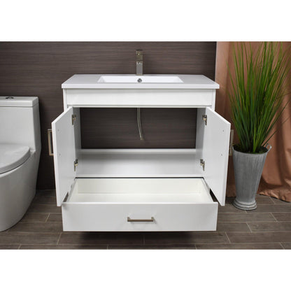 Volpa USA Rio 36" White Freestanding Modern Bathroom Vanity With Integrated Acrylic Top and Brushed Nickel Handles