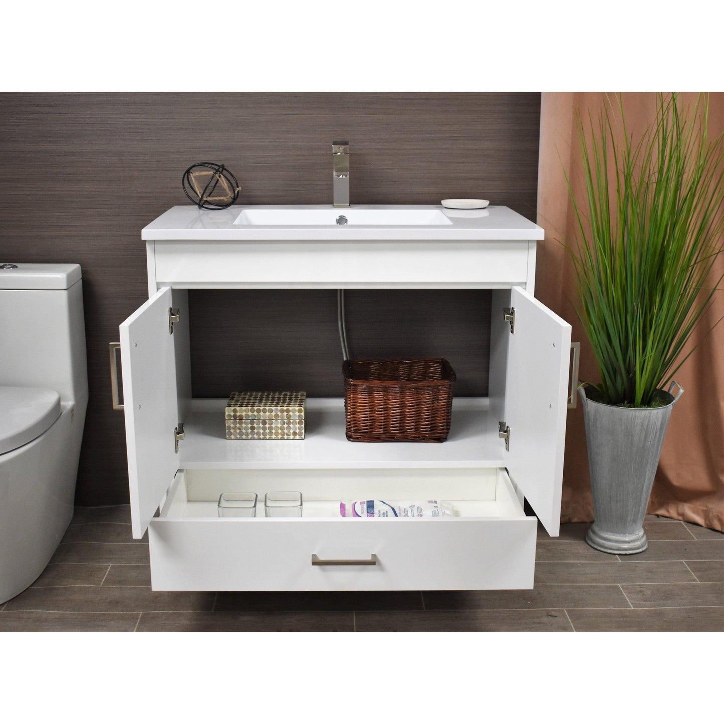 Volpa USA Rio 36" White Freestanding Modern Bathroom Vanity With Integrated Acrylic Top and Brushed Nickel Handles