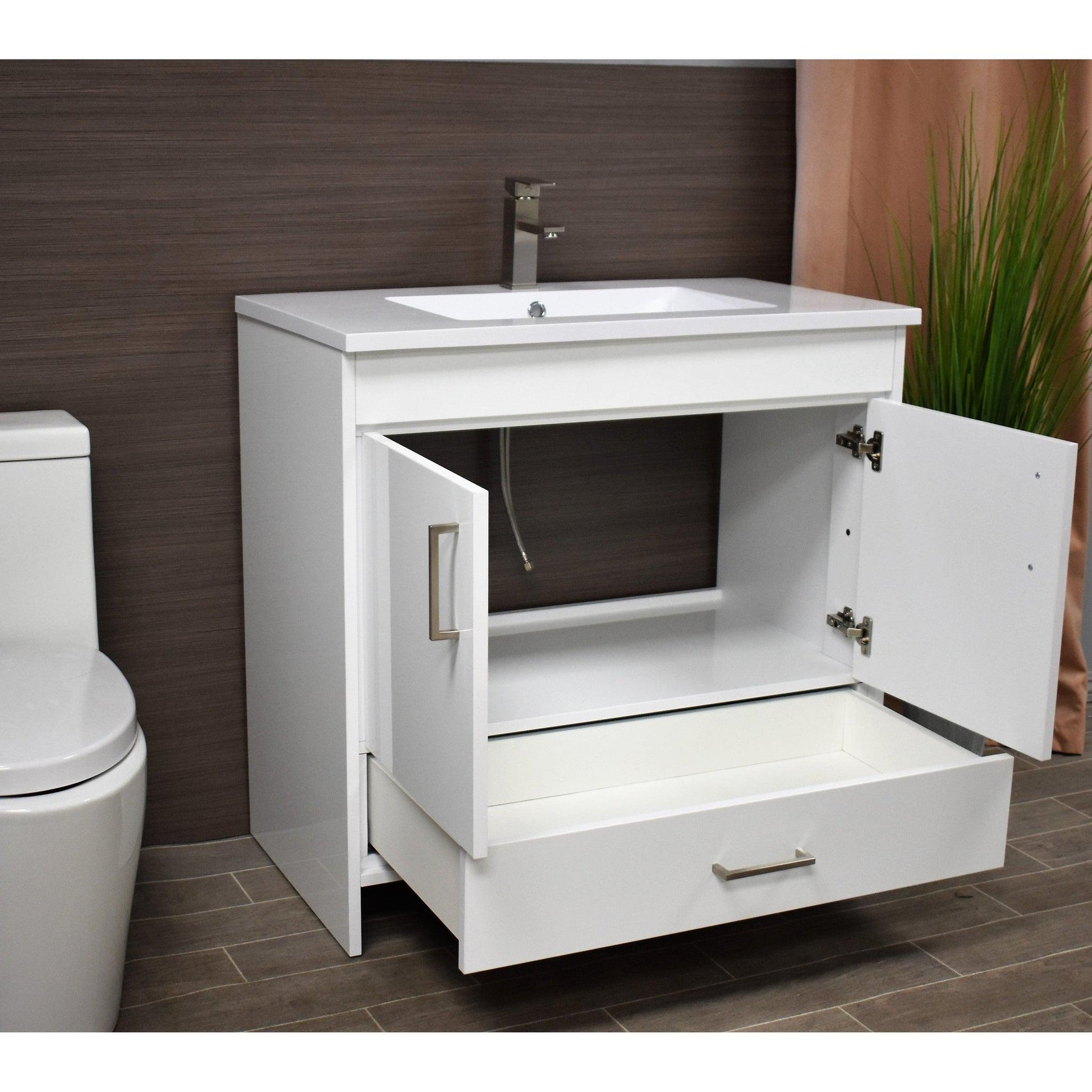 Volpa USA Rio 36" White Freestanding Modern Bathroom Vanity With Integrated Acrylic Top and Brushed Nickel Handles