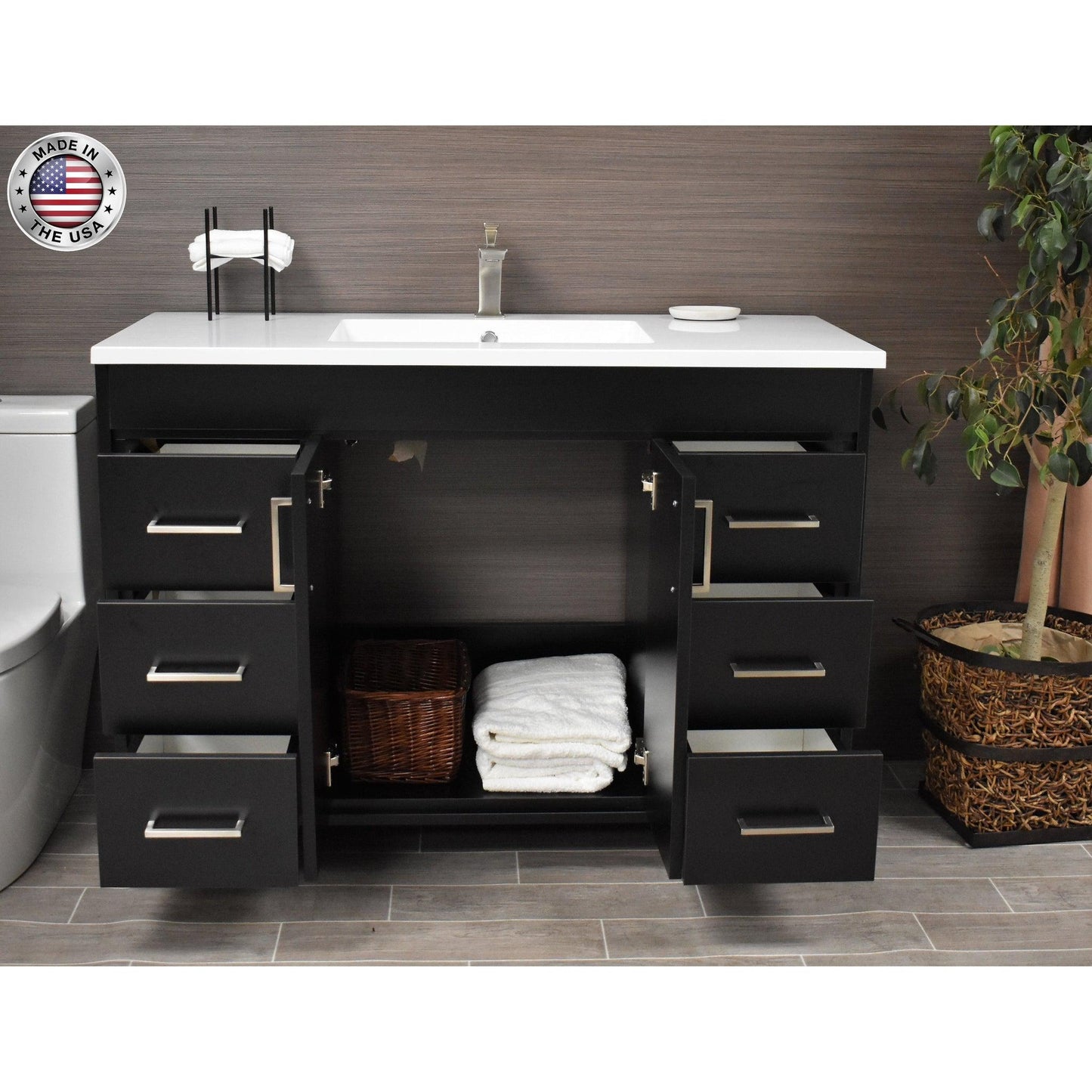 Volpa USA Rio 48" Black Freestanding Modern Bathroom Vanity With Integrated Acrylic Top and Brushed Nickel Handles