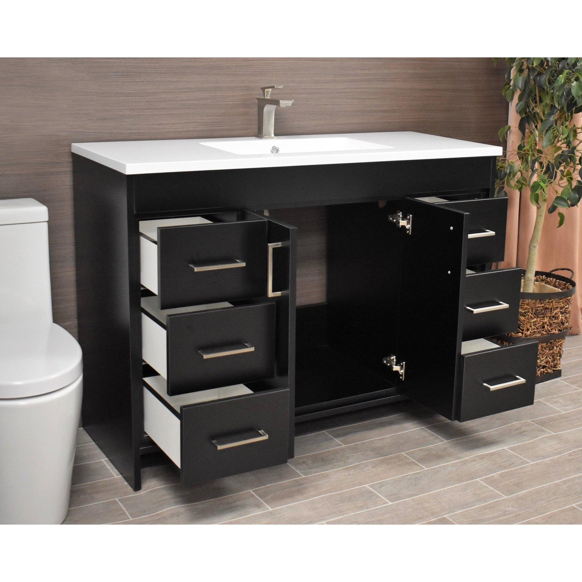 Volpa USA Rio 48" Black Freestanding Modern Bathroom Vanity With Integrated Acrylic Top and Brushed Nickel Handles