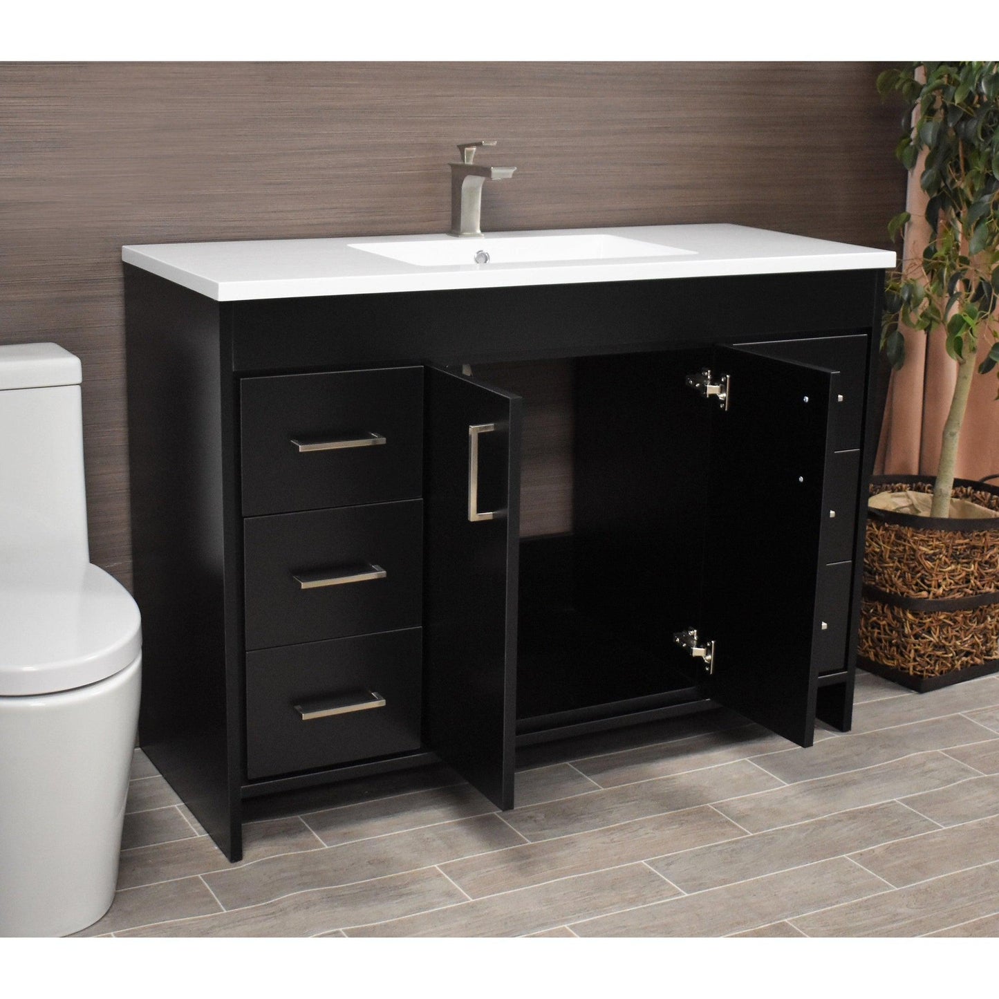 Volpa USA Rio 48" Black Freestanding Modern Bathroom Vanity With Integrated Acrylic Top and Brushed Nickel Handles