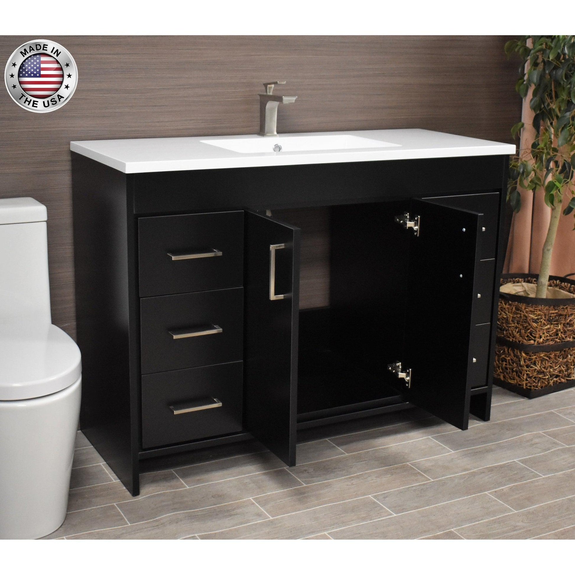 Volpa USA Rio 48" Black Freestanding Modern Bathroom Vanity With Integrated Acrylic Top and Brushed Nickel Handles