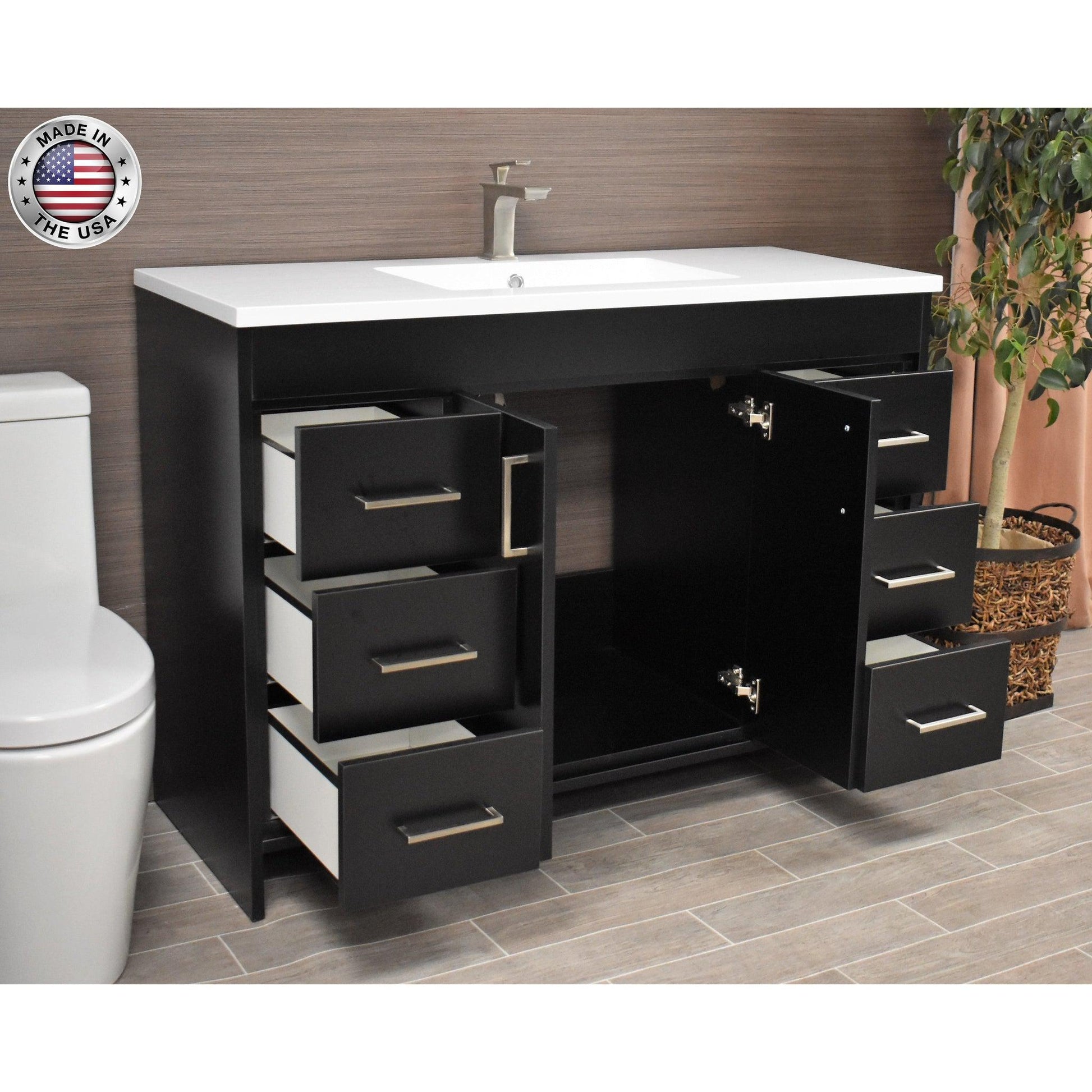 Volpa USA Rio 48" Black Freestanding Modern Bathroom Vanity With Integrated Acrylic Top and Brushed Nickel Handles