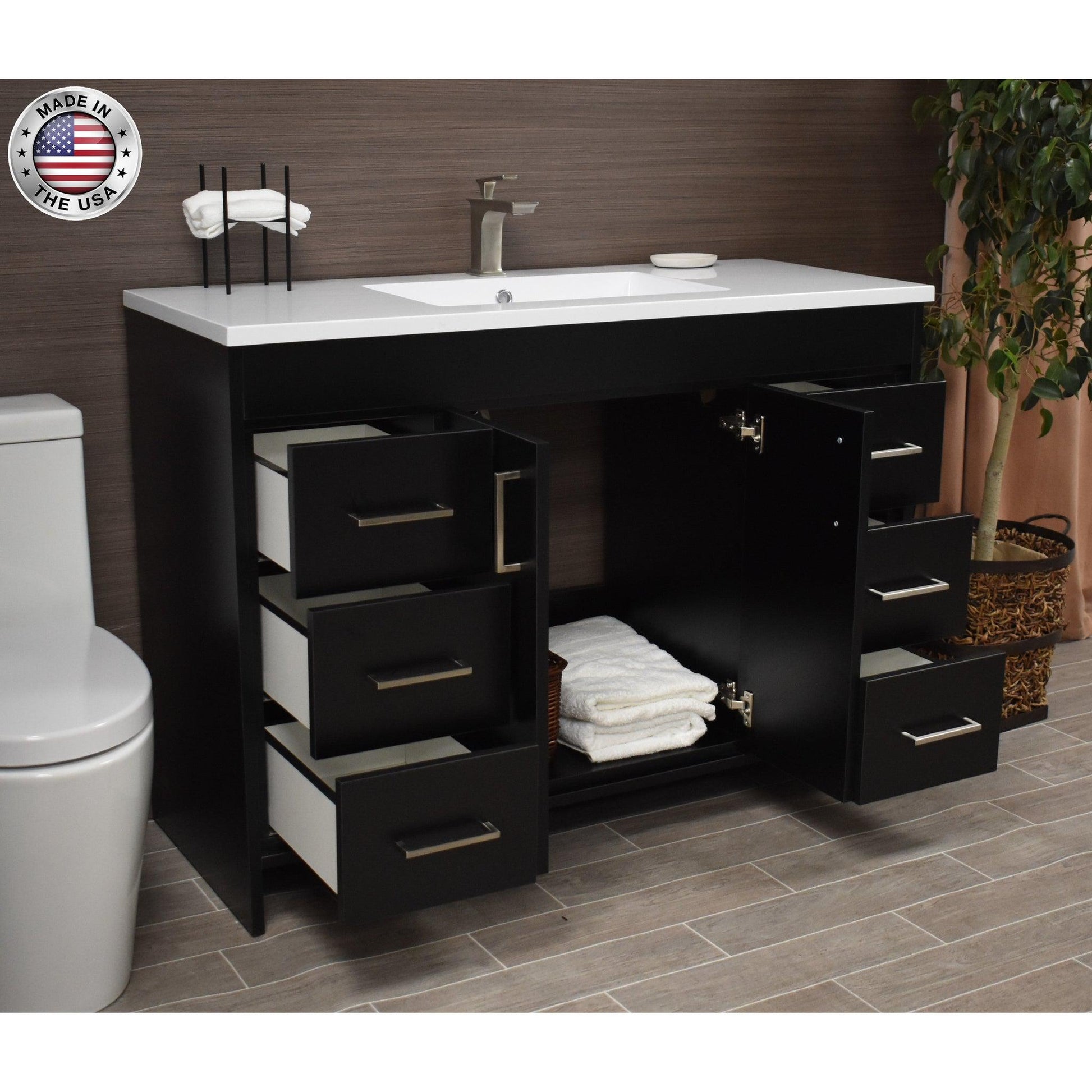 Volpa USA Rio 48" Black Freestanding Modern Bathroom Vanity With Integrated Acrylic Top and Brushed Nickel Handles