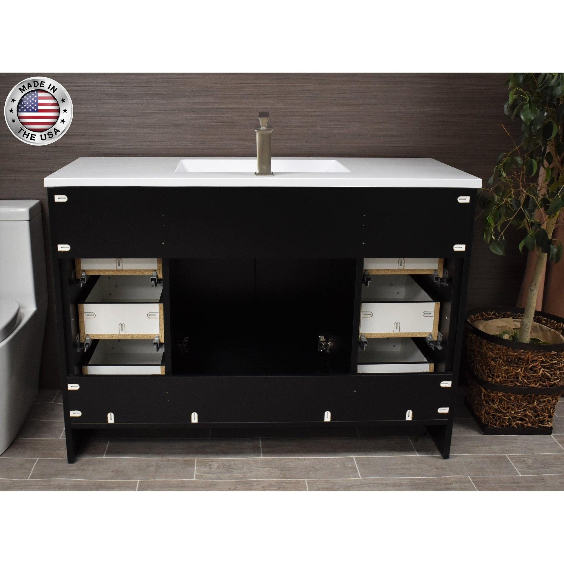 Volpa USA Rio 48" Black Freestanding Modern Bathroom Vanity With Integrated Acrylic Top and Brushed Nickel Handles