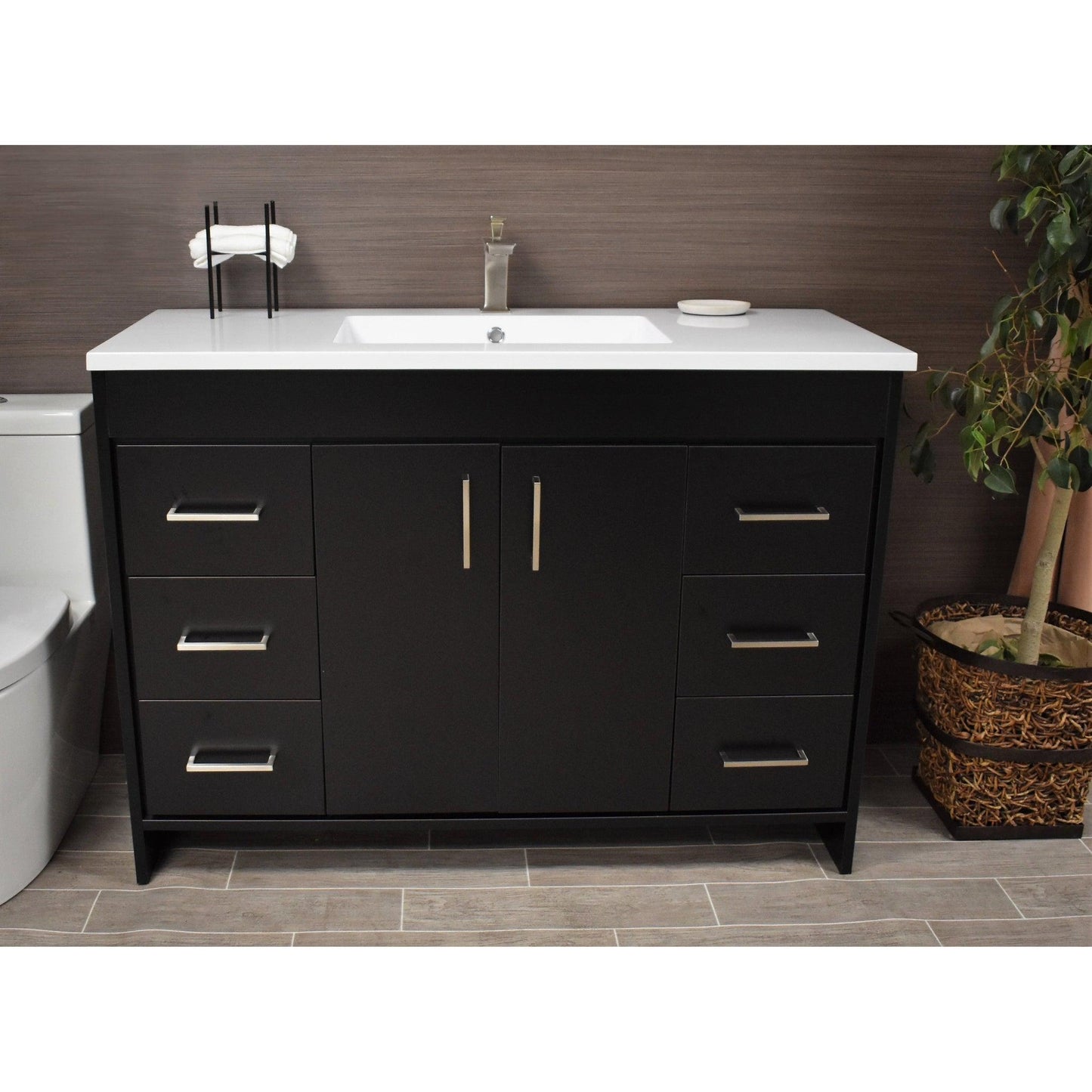 Volpa USA Rio 48" Black Freestanding Modern Bathroom Vanity With Integrated Acrylic Top and Brushed Nickel Handles