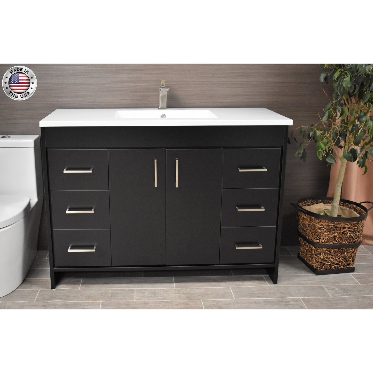 Volpa USA Rio 48" Black Freestanding Modern Bathroom Vanity With Integrated Acrylic Top and Brushed Nickel Handles