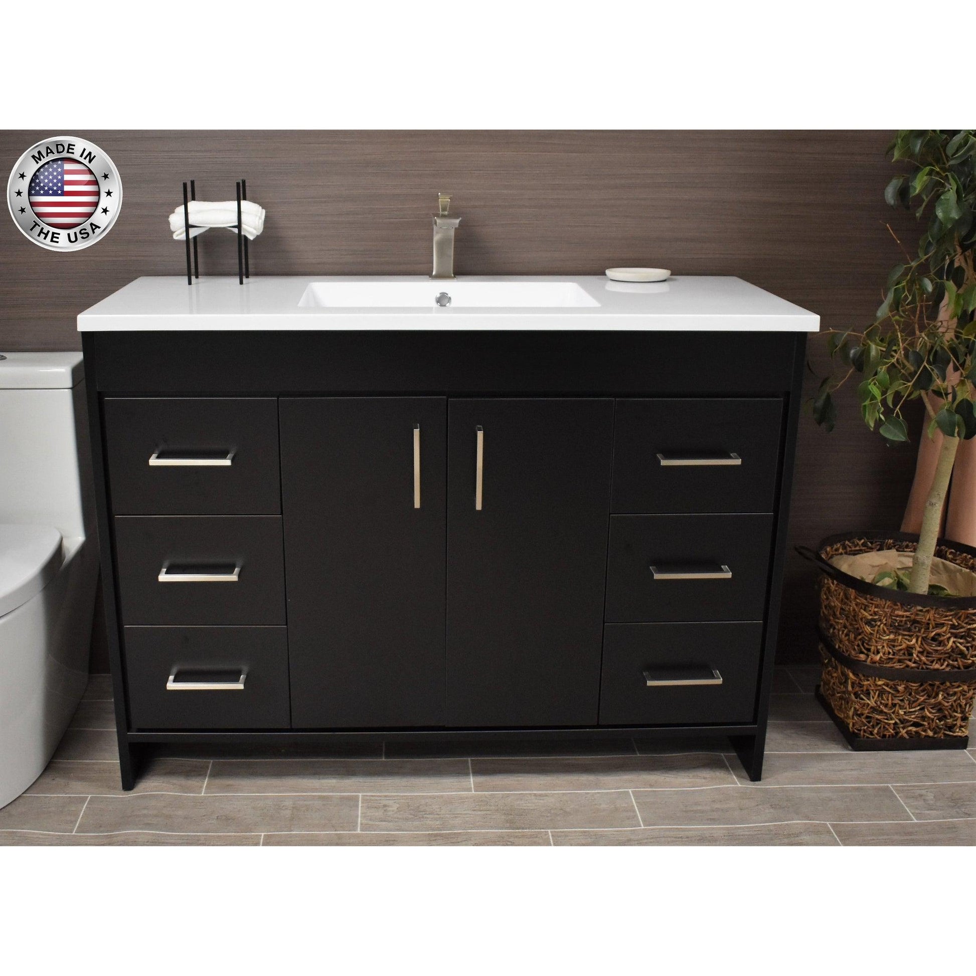 Volpa USA Rio 48" Black Freestanding Modern Bathroom Vanity With Integrated Acrylic Top and Brushed Nickel Handles