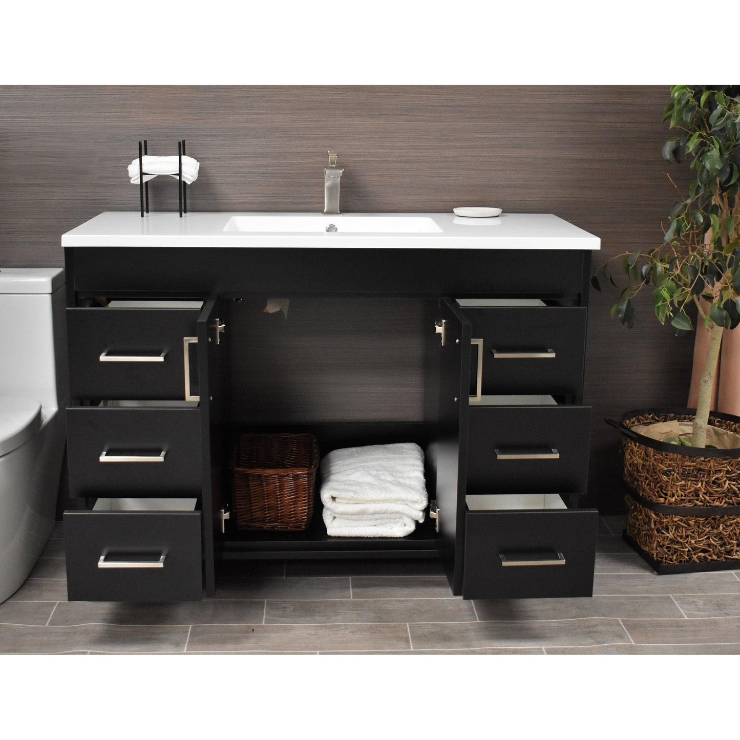 Volpa USA Rio 48" Black Freestanding Modern Bathroom Vanity With Integrated Acrylic Top and Brushed Nickel Handles