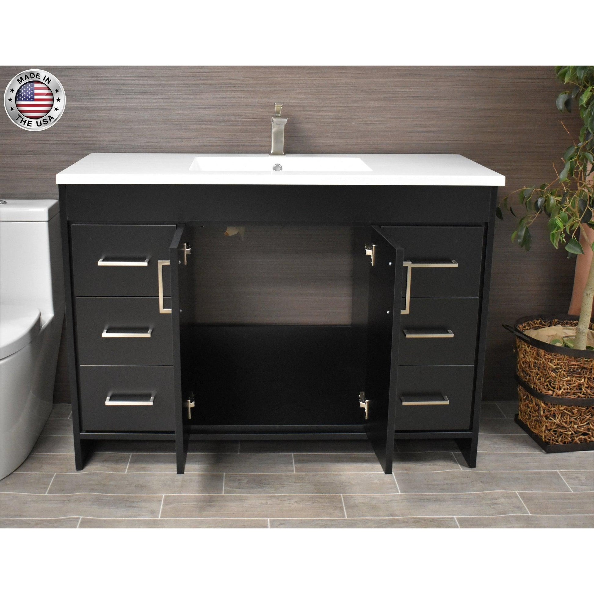 Volpa USA Rio 48" Black Freestanding Modern Bathroom Vanity With Integrated Acrylic Top and Brushed Nickel Handles