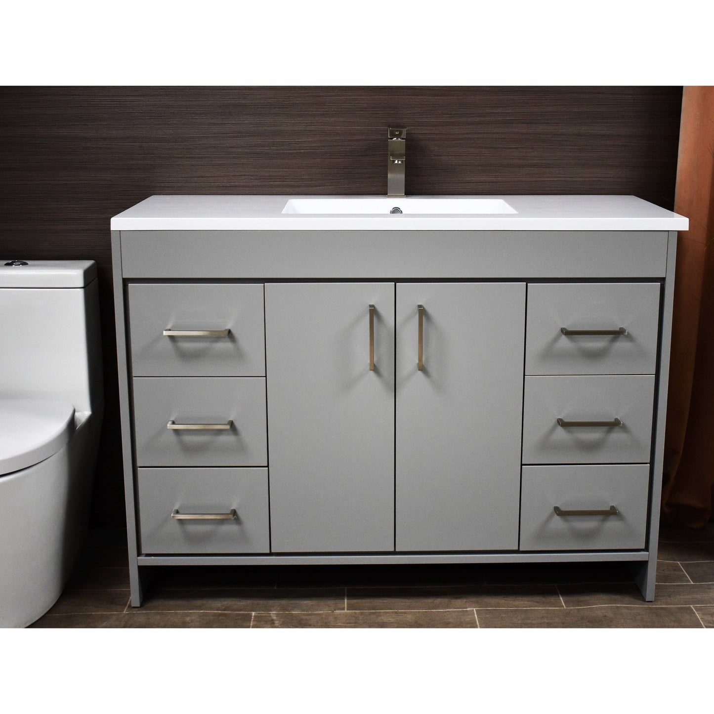Volpa USA Rio 48" Gray Freestanding Modern Bathroom Vanity With Integrated Acrylic Top and Brushed Nickel Handles