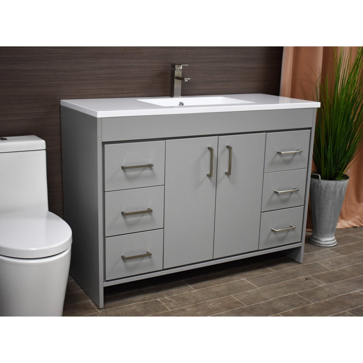 Volpa USA Rio 48" Gray Freestanding Modern Bathroom Vanity With Integrated Acrylic Top and Brushed Nickel Handles