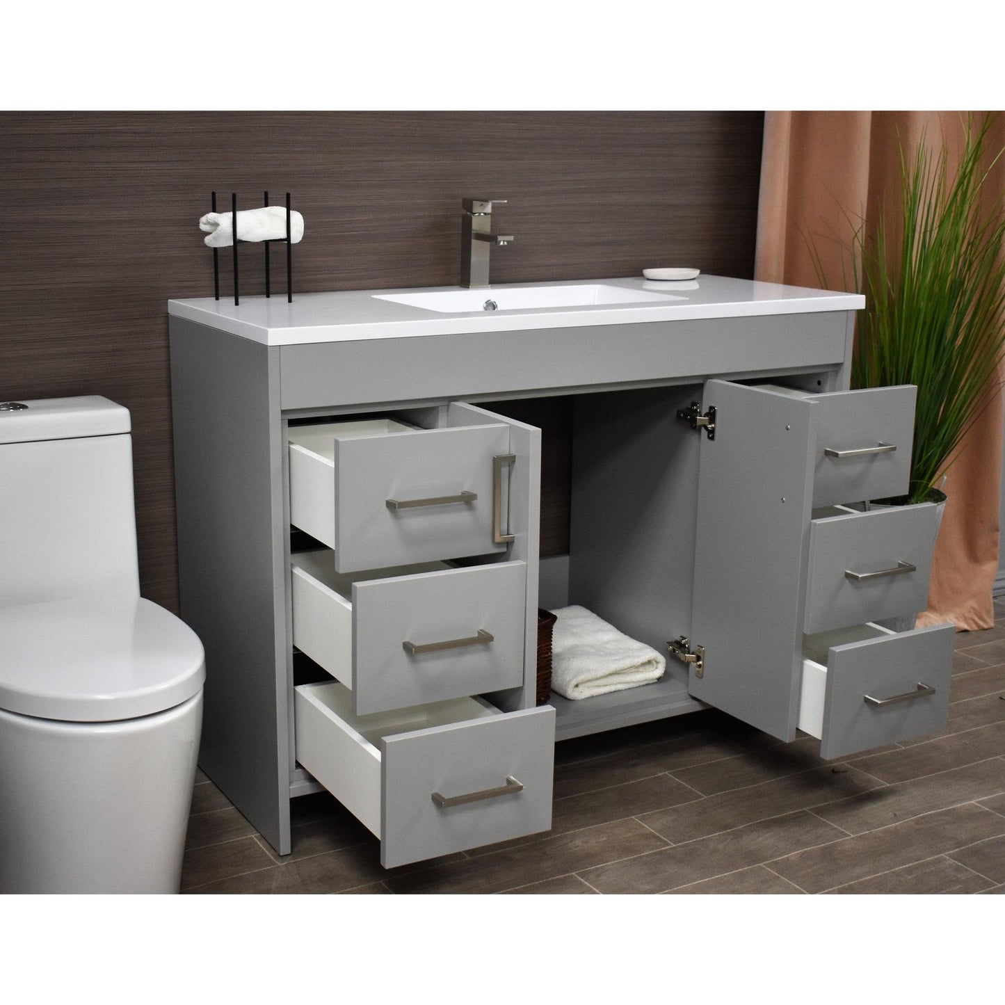 Volpa USA Rio 48" Gray Freestanding Modern Bathroom Vanity With Integrated Acrylic Top and Brushed Nickel Handles