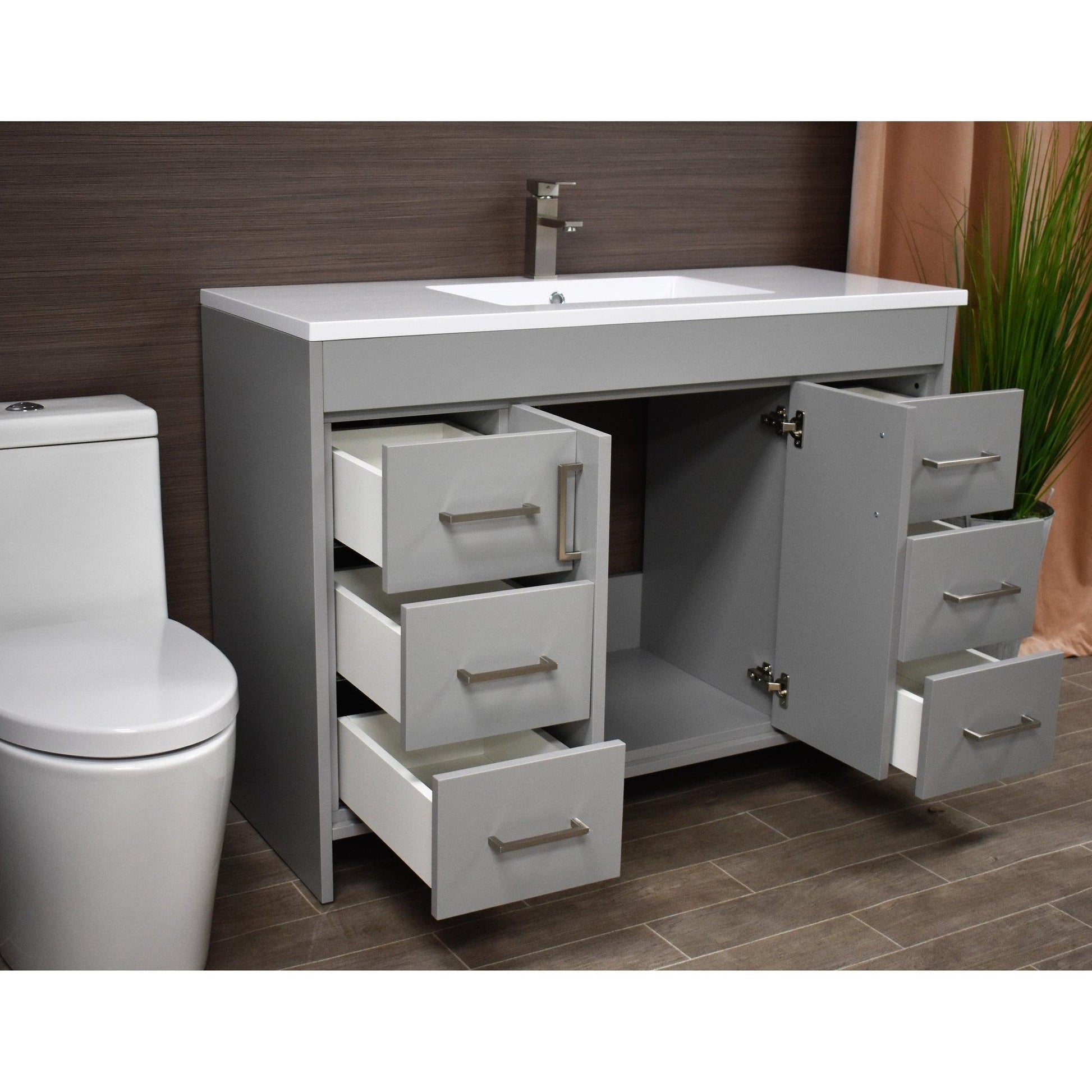 Volpa USA Rio 48" Gray Freestanding Modern Bathroom Vanity With Integrated Acrylic Top and Brushed Nickel Handles