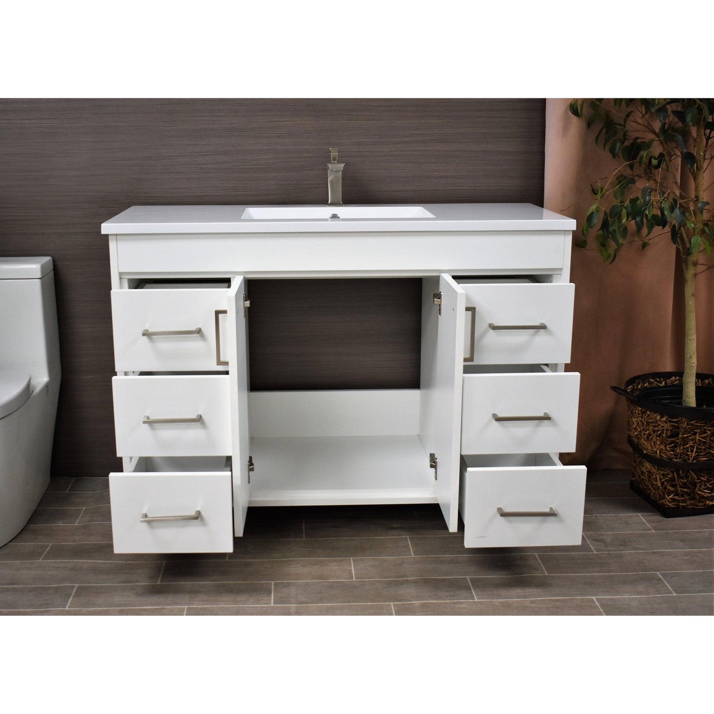 Volpa USA Rio 48" White Freestanding Modern Bathroom Vanity With Integrated Acrylic Top and Brushed Nickel Handles