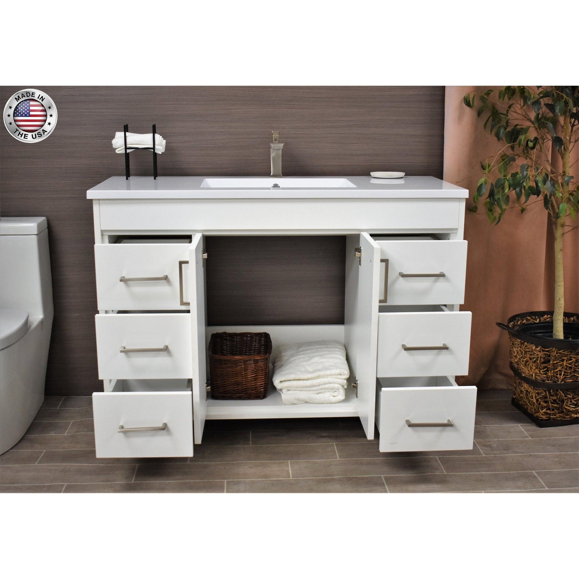 Volpa USA Rio 48" White Freestanding Modern Bathroom Vanity With Integrated Acrylic Top and Brushed Nickel Handles