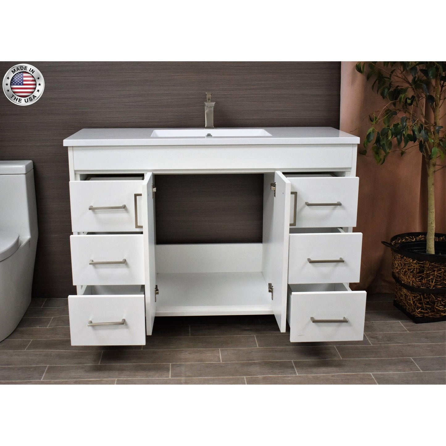 Volpa USA Rio 48" White Freestanding Modern Bathroom Vanity With Integrated Acrylic Top and Brushed Nickel Handles