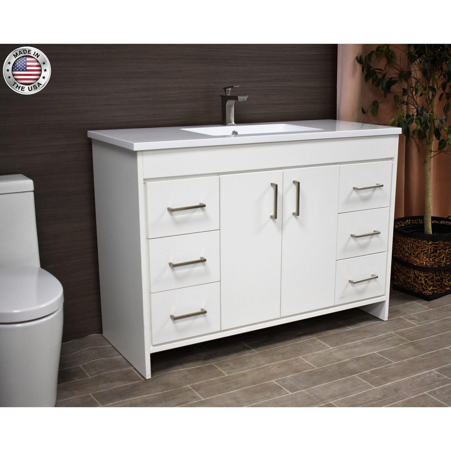 Volpa USA Rio 48" White Freestanding Modern Bathroom Vanity With Integrated Acrylic Top and Brushed Nickel Handles