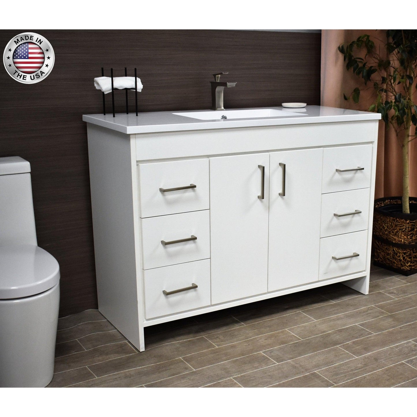 Volpa USA Rio 48" White Freestanding Modern Bathroom Vanity With Integrated Acrylic Top and Brushed Nickel Handles