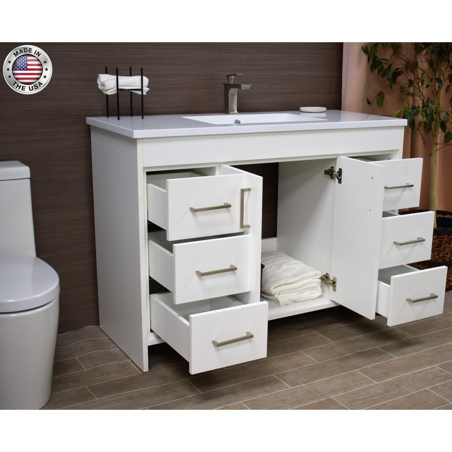 Volpa USA Rio 48" White Freestanding Modern Bathroom Vanity With Integrated Acrylic Top and Brushed Nickel Handles