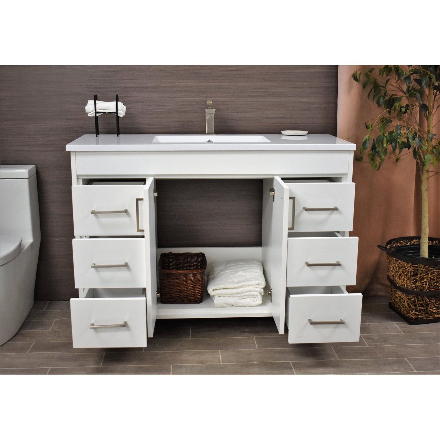 Volpa USA Rio 48" White Freestanding Modern Bathroom Vanity With Integrated Acrylic Top and Brushed Nickel Handles