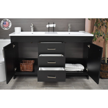 Volpa USA Rio 60" Black Freestanding Modern Bathroom Vanity With Integrated Acrylic Double Sink Top and Brushed Nickel Handles