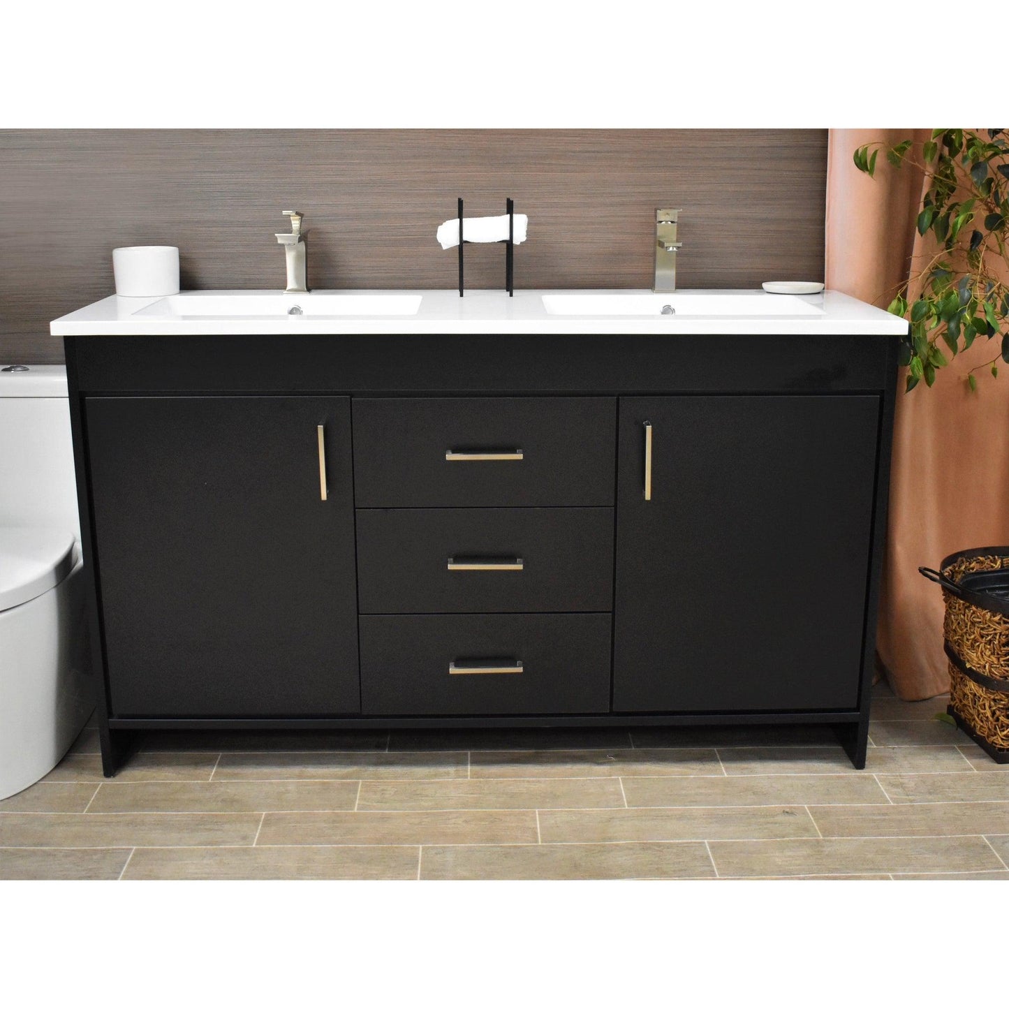 Volpa USA Rio 60" Black Freestanding Modern Bathroom Vanity With Integrated Acrylic Double Sink Top and Brushed Nickel Handles