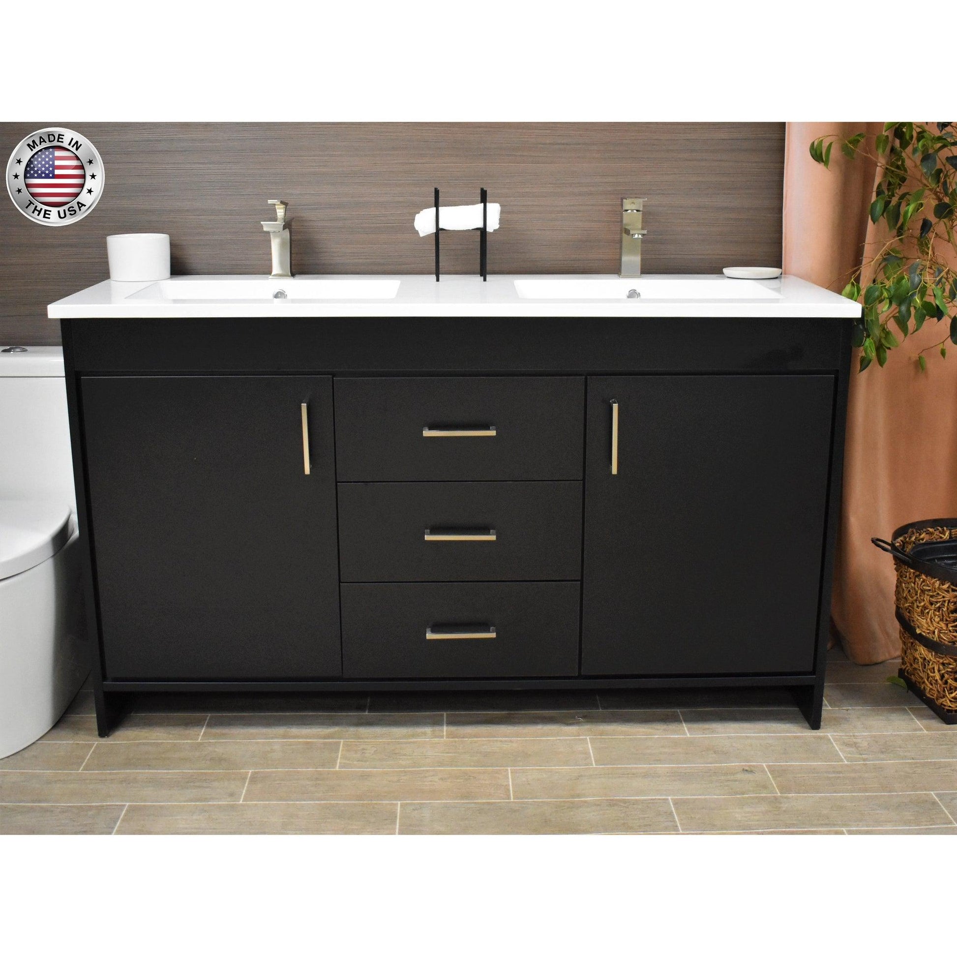Volpa USA Rio 60" Black Freestanding Modern Bathroom Vanity With Integrated Acrylic Double Sink Top and Brushed Nickel Handles