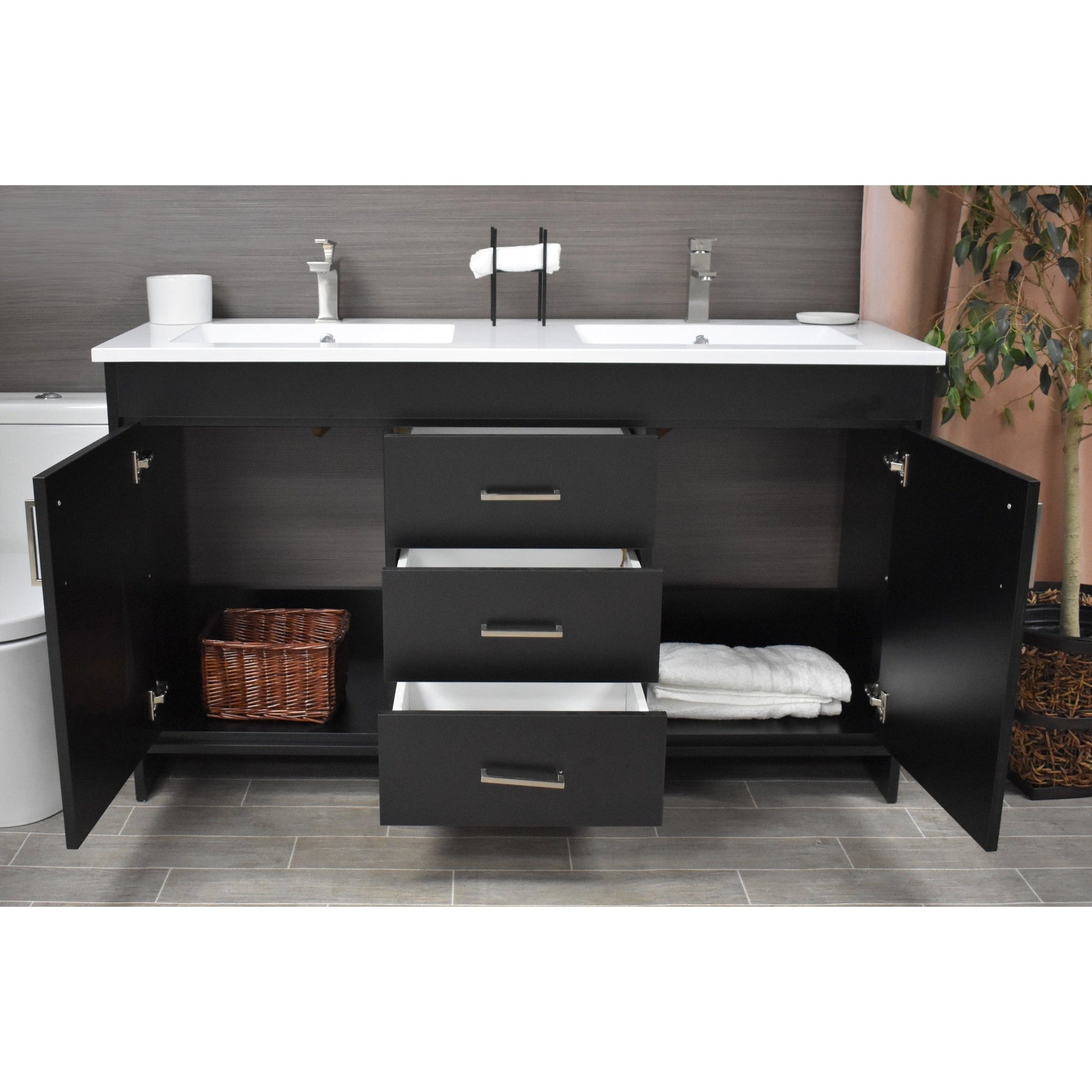 Volpa USA Rio 60" Black Freestanding Modern Bathroom Vanity With Integrated Acrylic Double Sink Top and Brushed Nickel Handles
