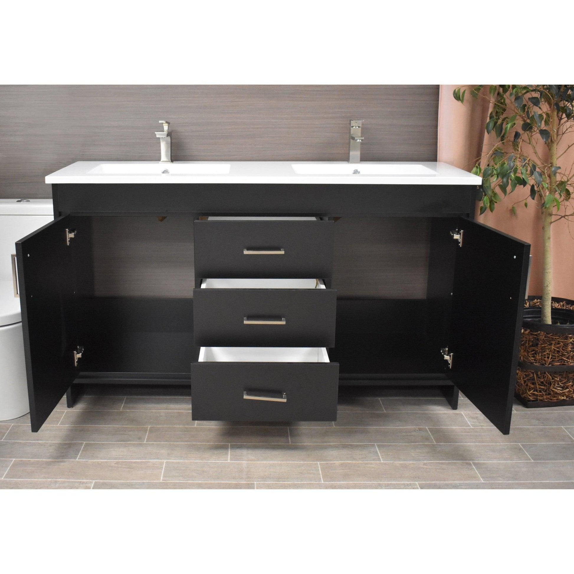 Volpa USA Rio 60" Black Freestanding Modern Bathroom Vanity With Integrated Acrylic Double Sink Top and Brushed Nickel Handles