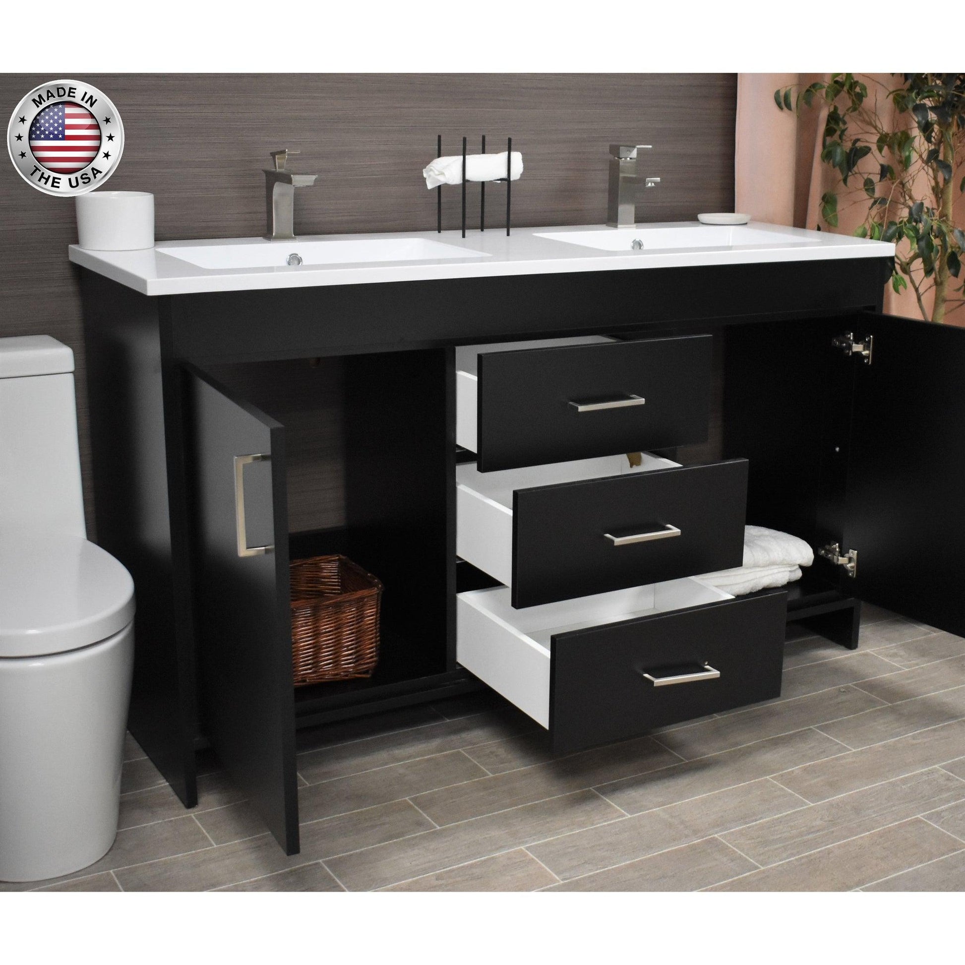 Volpa USA Rio 60" Black Freestanding Modern Bathroom Vanity With Integrated Acrylic Double Sink Top and Brushed Nickel Handles