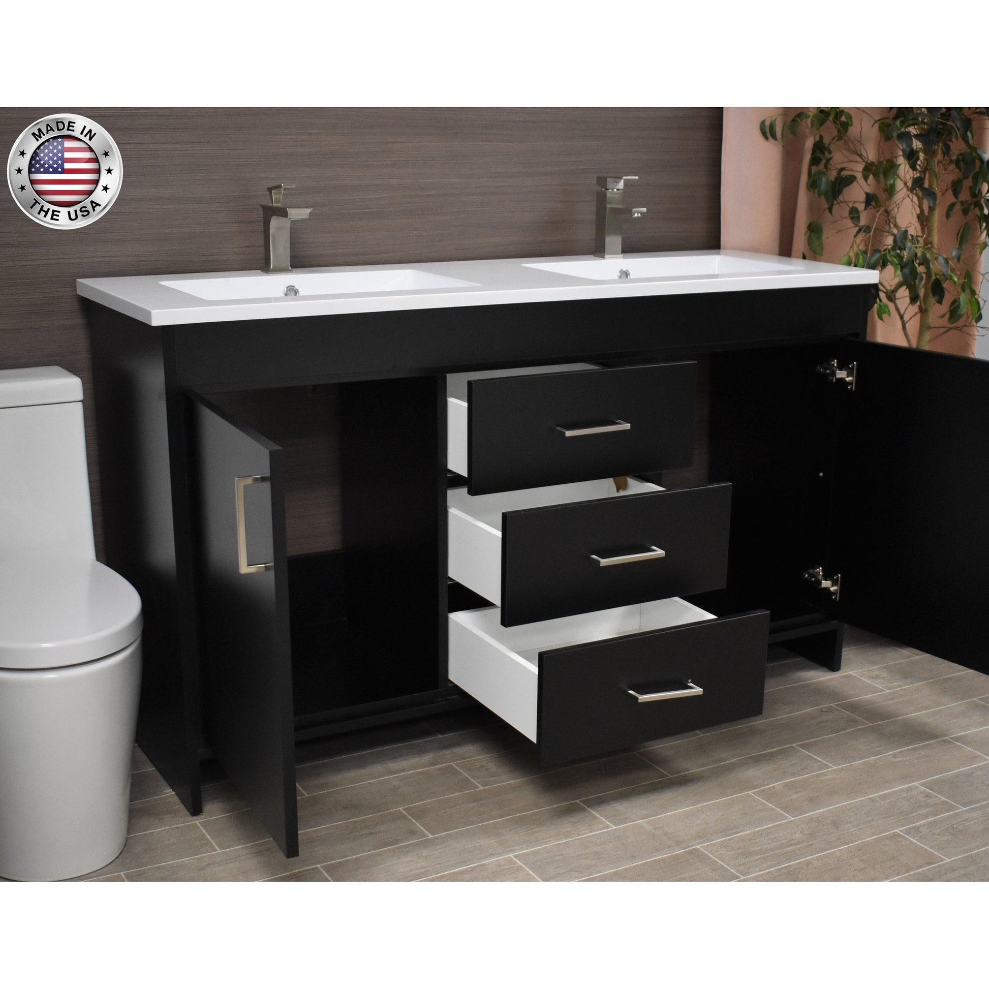 Volpa USA Rio 60" Black Freestanding Modern Bathroom Vanity With Integrated Acrylic Double Sink Top and Brushed Nickel Handles