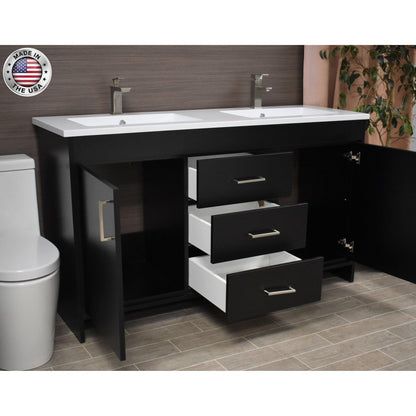 Volpa USA Rio 60" Black Freestanding Modern Bathroom Vanity With Integrated Acrylic Double Sink Top and Brushed Nickel Handles