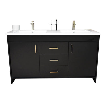 Volpa USA Rio 60" Black Freestanding Modern Bathroom Vanity With Integrated Acrylic Double Sink Top and Brushed Nickel Handles