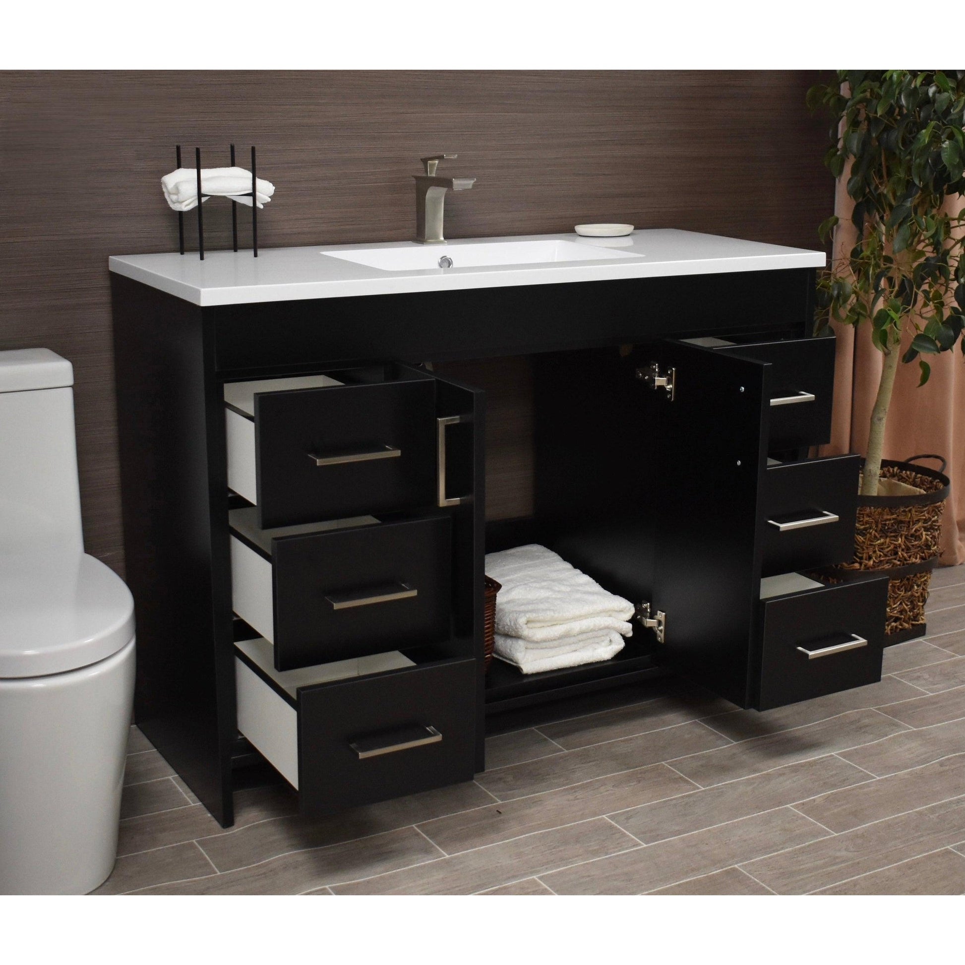 Volpa USA Rio 60" Black Freestanding Modern Bathroom Vanity With Integrated Acrylic Single Sink Top and Brushed Nickel Handles