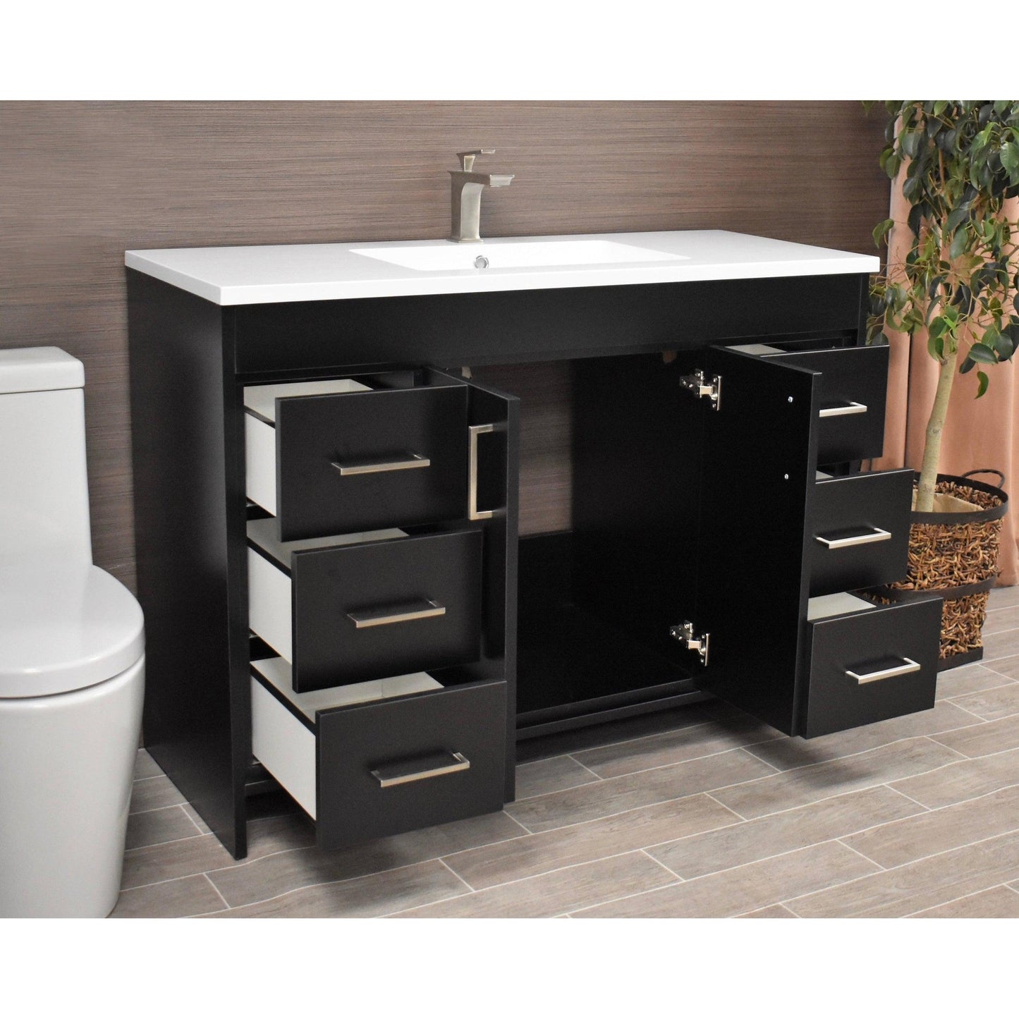 Volpa USA Rio 60" Black Freestanding Modern Bathroom Vanity With Integrated Acrylic Single Sink Top and Brushed Nickel Handles